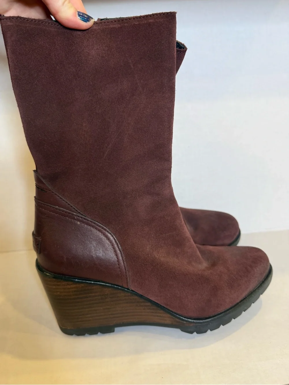 Sorel After Hours Wedge Heel Suede Leather Boots Redwood Burgundy Brown Size 8